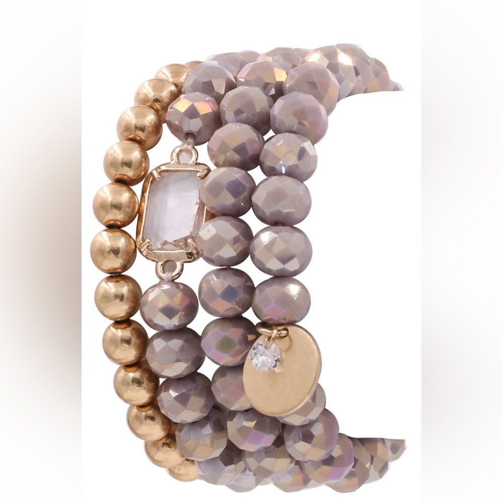J703. Multi Stand 4 Beaded Bracelet Set with Charm in Lilac